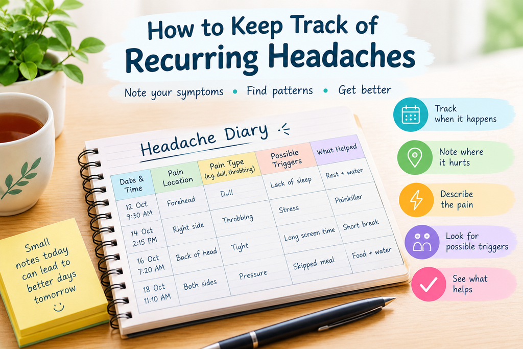 Headache diary showing pain details, possible triggers, and symptom tracking tips.