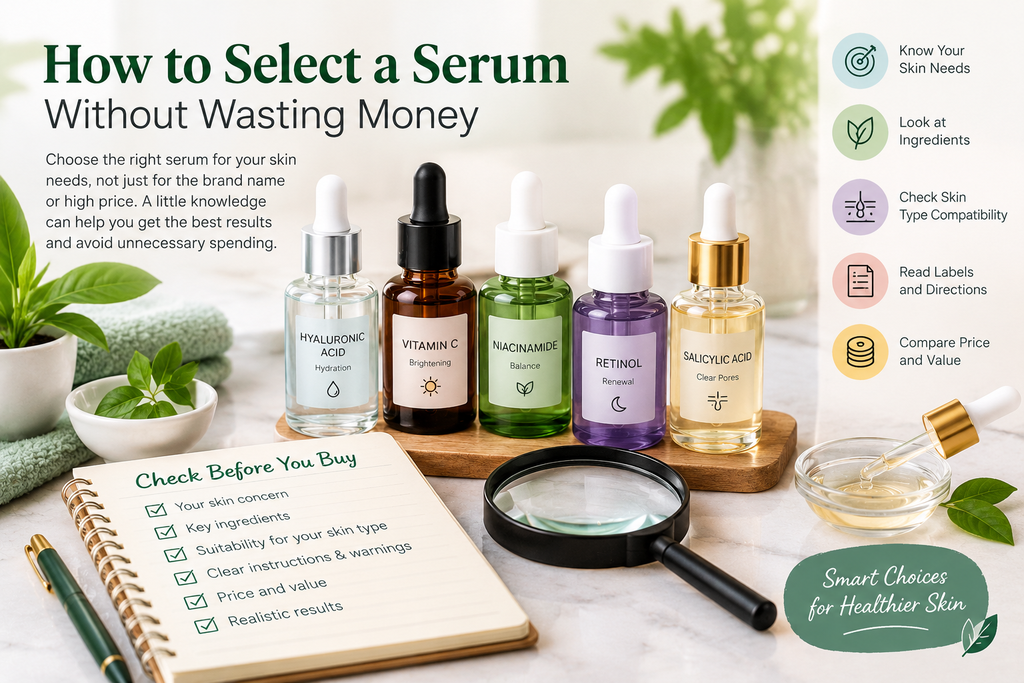 Face serum bottles with skincare ingredients and a buying checklist