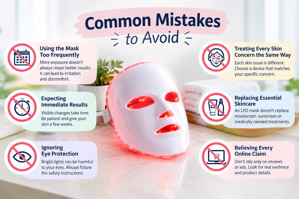 LED face mask infographic highlighting common skincare mistakes.