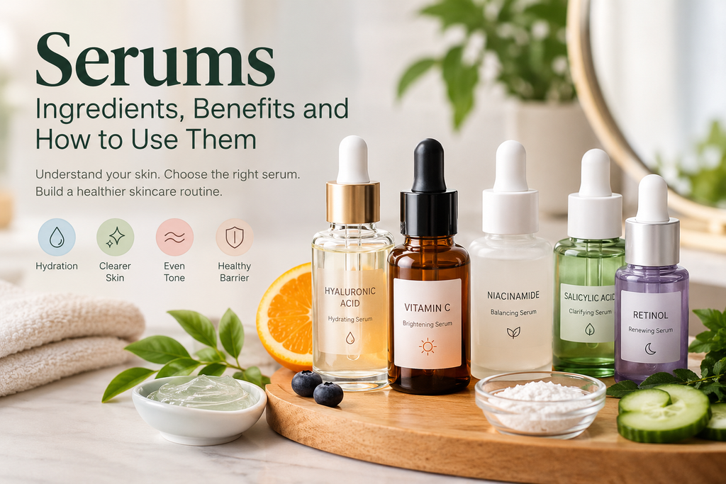 Face serum bottles with skincare ingredients