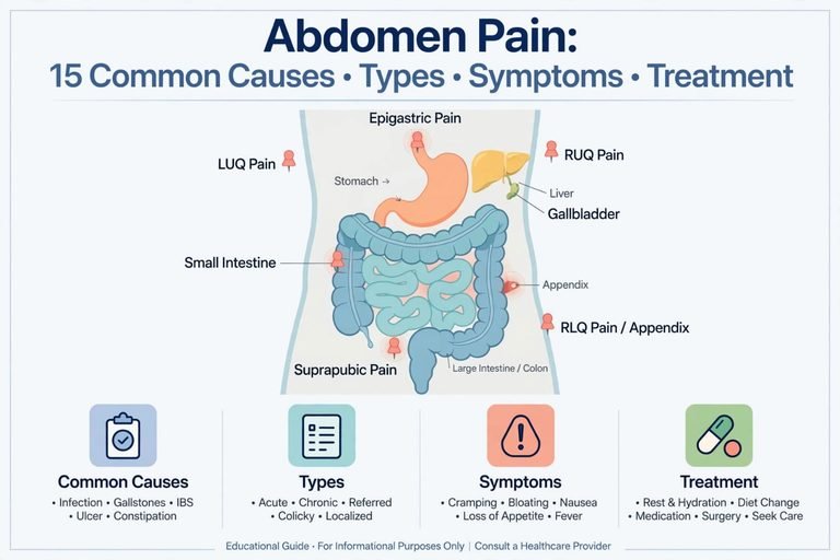 Abdomen Pain: 15 Common Causes, Types, Symptoms and Treatment
