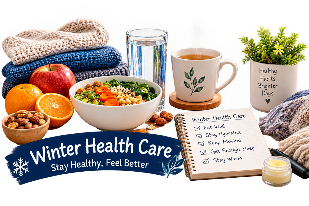 Winter health care with nutritious food, water, warm tea, and wellness essentials.