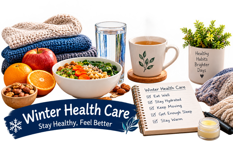 Winter health care with nutritious food, water, warm tea, and wellness essentials.