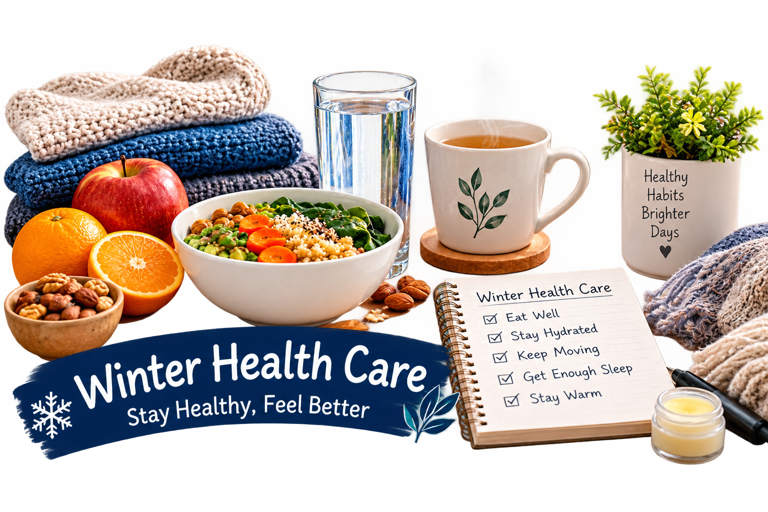 Winter health care with nutritious food, water, warm tea, and wellness essentials.