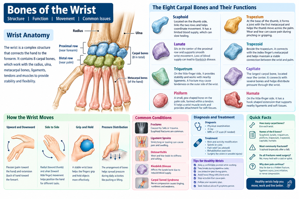 Bones of the wrist showing eight carpal bones and their functions